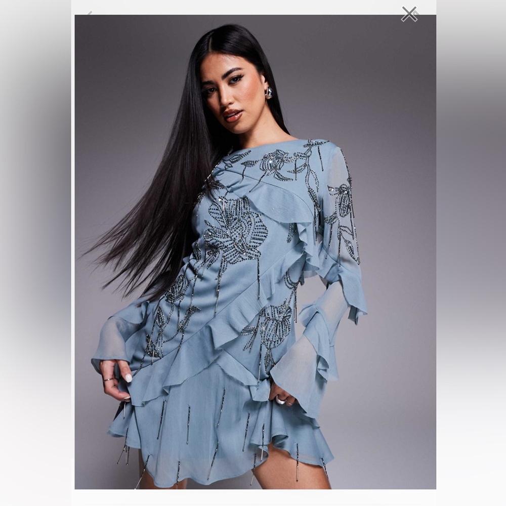ASOS Blue Ruffle Dress with Beaded Detail